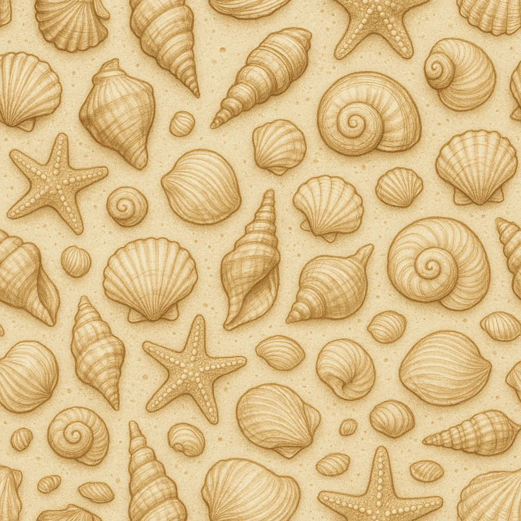 Discover a puzzle with a hand‑drawn collection of seashells and starfish scattered across a warm sandy background.