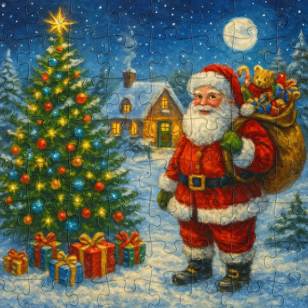 Enjoy an online jigsaw puzzle designed for browser play, featuring a cozy Christmas scene with Santa Claus and a decorated tree.
