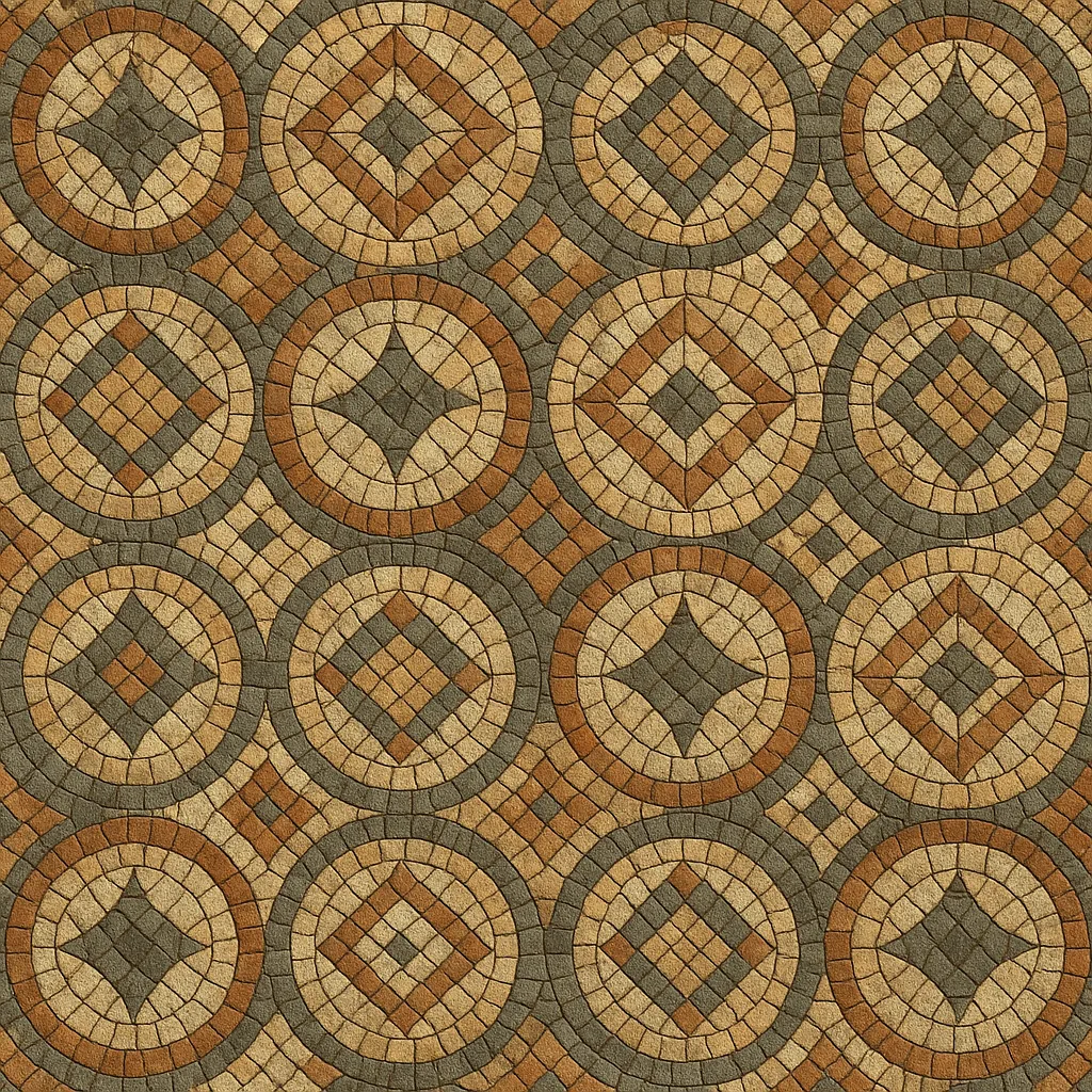 Discover a puzzle with a repeating mosaic of circular tile medallions and diamond motifs, rendered in warm earthy hues of terracotta, sandstone, and slate gray.
