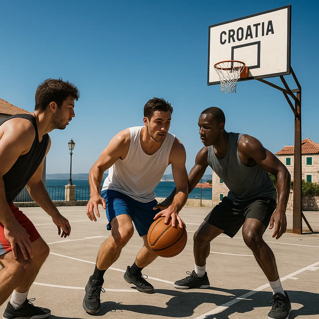 Enjoy an online jigsaw puzzle designed for browser play, featuring a lively outdoor basketball scene by the sea.