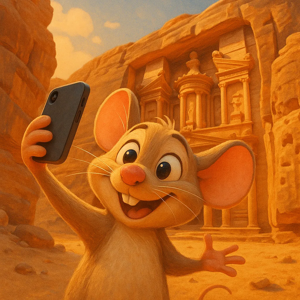 Discover a puzzle with a cheerful cartoon mouse snapping a selfie in front of a grand, rock-carved temple — warm golden-orange sandstone, soft shadows, and intr