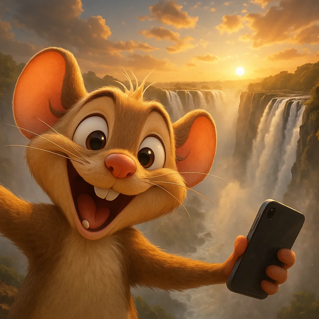 Discover a puzzle with a cheerful animated mouse taking a sunlit selfie before a majestic waterfall at golden hour.