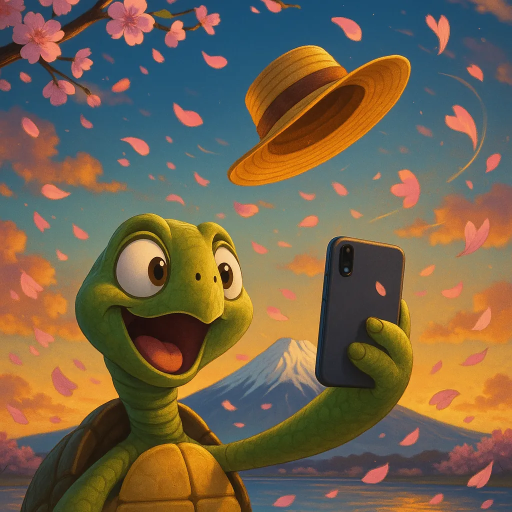 Discover a puzzle with a cheerful cartoon turtle taking a selfie against a sunset-lit scene of Mount Fuji and drifting cherry blossom petals.
