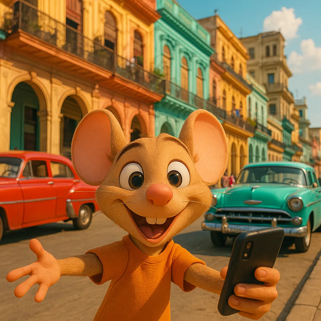 Discover a puzzle with a cheerful cartoon mouse taking a selfie on a sunlit, colorful city street lined with pastel buildings and vintage cars.