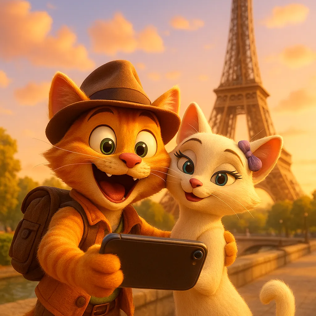 Enjoy assembling a puzzle depicting two cheerful cartoon cats taking a selfie in front of the Eiffel Tower at sunset.