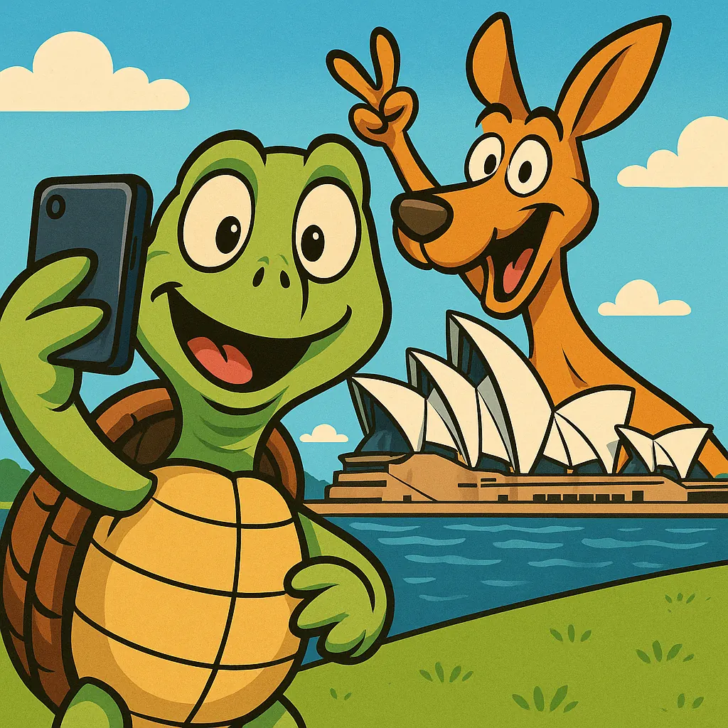 Discover a puzzle with a cheerful cartoon turtle and a joyful kangaroo taking a selfie in front of the iconic Sydney Opera House.