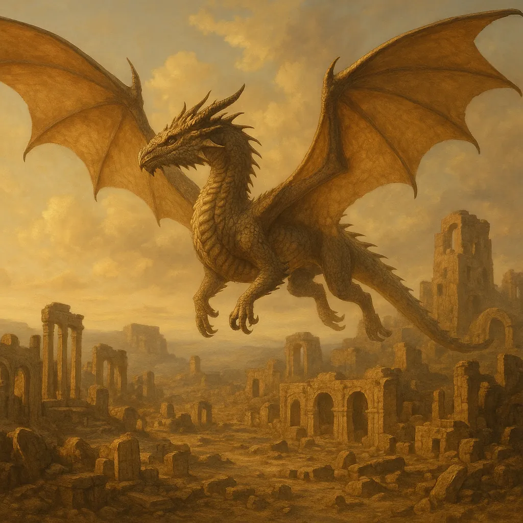Enjoy assembling a puzzle depicting a majestic dragon soaring above ancient, crumbling ruins.