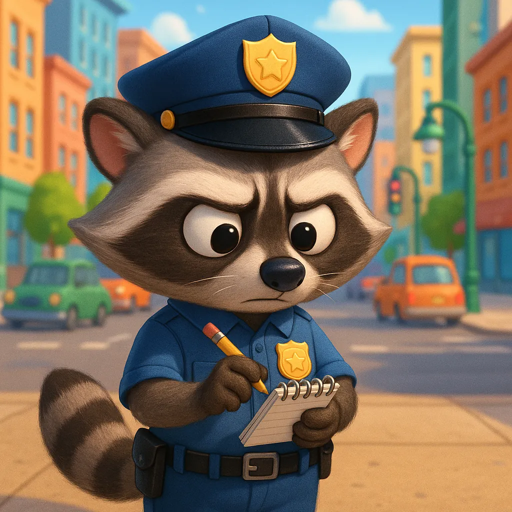 Enjoy assembling a puzzle depicting a charming cartoon raccoon police officer standing on a sunny city street.