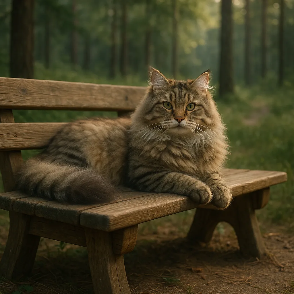 Discover a puzzle with a fluffy tabby cat reclining on a rustic wooden bench in a serene forest clearing.