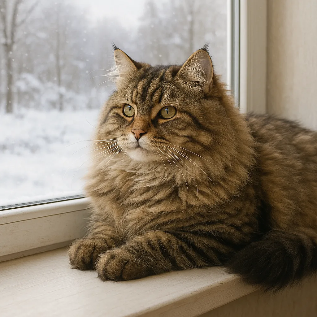 Discover a puzzle with a fluffy brown tabby cat lounging on a sunlit windowsill while a soft snowfall blurs the winter trees outside.