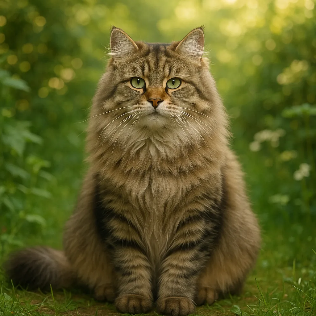 Discover a puzzle with a regal, long-haired brown tabby cat sitting serenely in a sun-dappled garden.