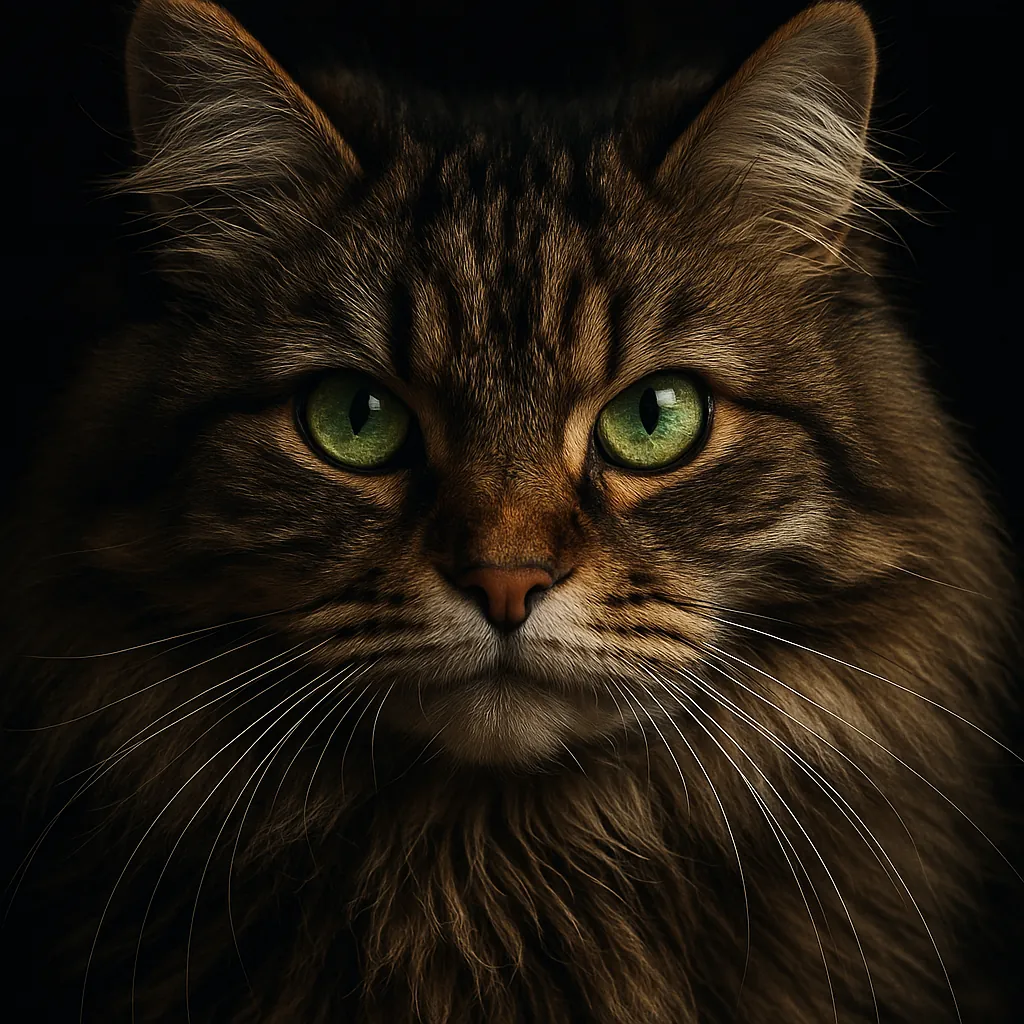 Discover a puzzle with a close-up portrait of a long-haired tabby cat, its luminous green eyes framed by rich, warm browns and amber highlights against a deep,