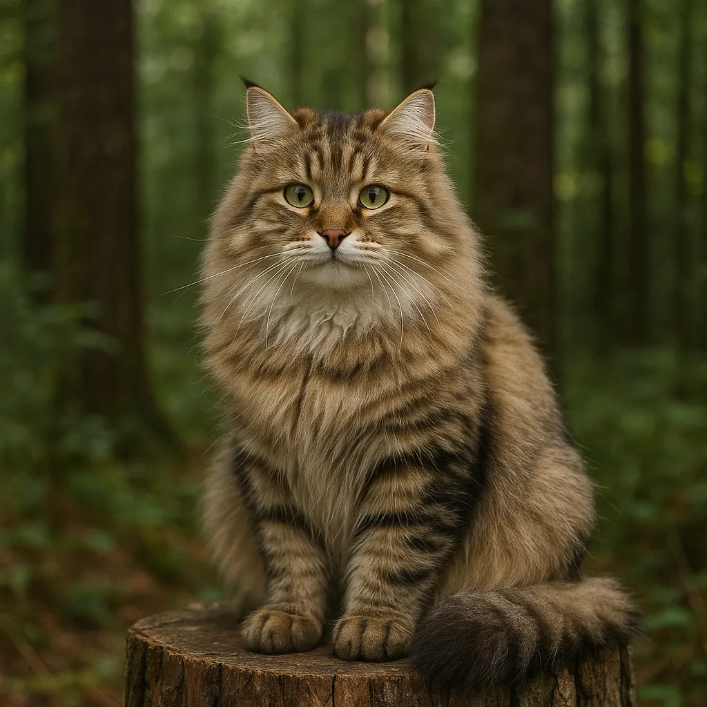 Discover a puzzle with a regal, fluffy tabby cat sitting calmly on a tree stump in a softly lit forest.