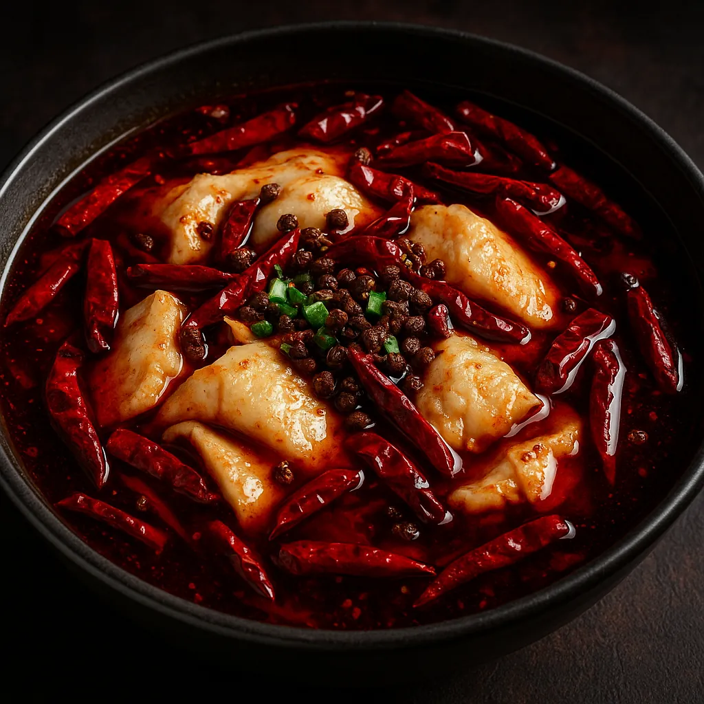 Enjoy an online jigsaw puzzle designed for browser play, featuring a close-up of a steaming, fiery bowl of food with plump dumplings bathed in red chili oil.