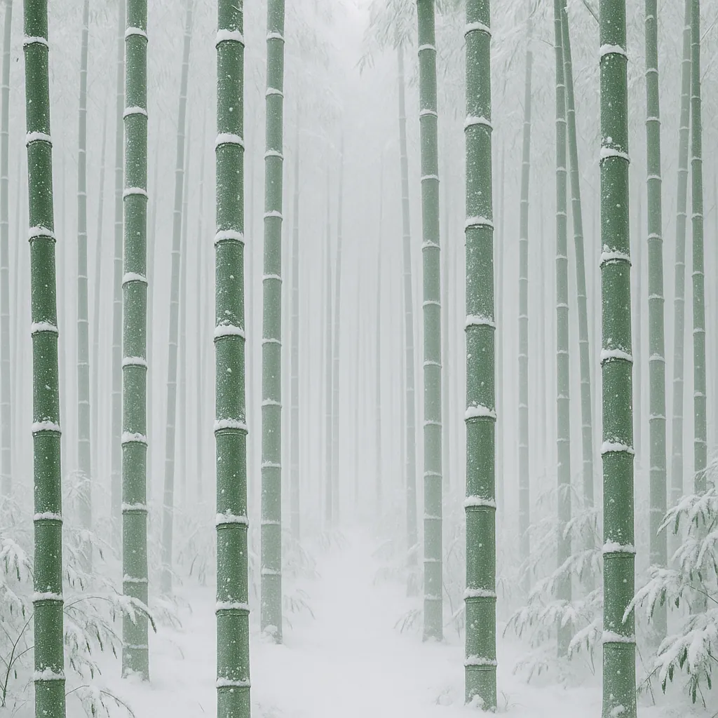Discover a puzzle with a tranquil bamboo forest dusted in fresh snow — tall, vertical green stalks rise through soft white mist for a minimalist, meditative sce