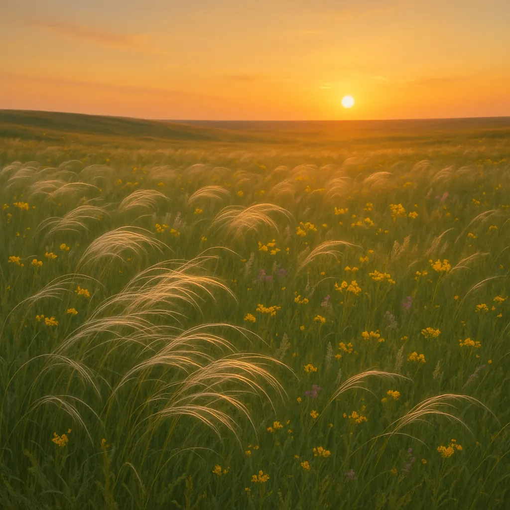 Try solving a puzzle that shows a sunlit prairie at golden hour, with a warm orange sun sinking over rolling green fields dotted with cheerful yellow wildflower
