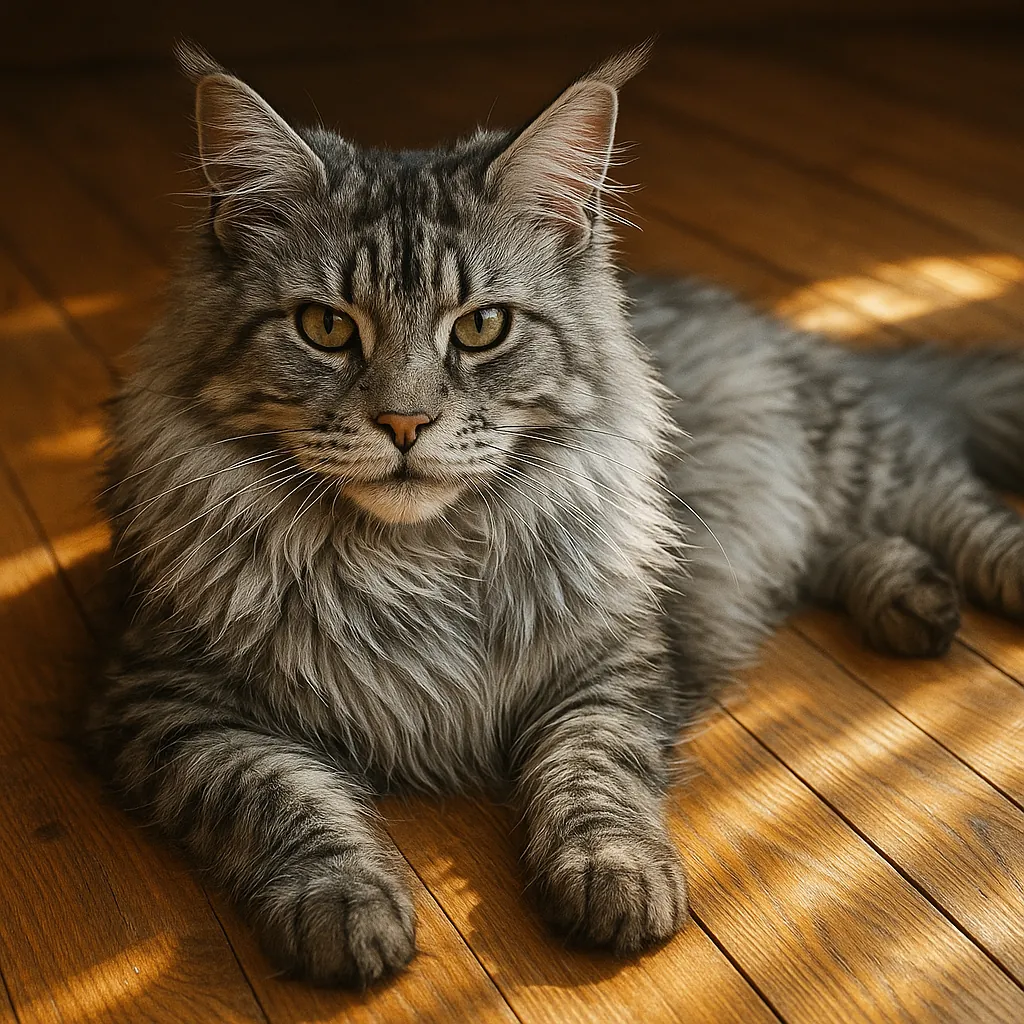 Discover a puzzle with a fluffy gray cat lounging on a warm, sunlit hardwood floor — soft silver and slate fur, amber eyes, and gentle sunbeam highlights create