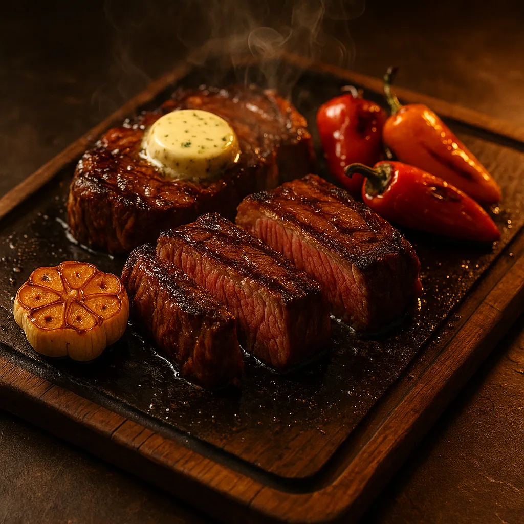 Enjoy assembling a puzzle depicting a sizzling, perfectly seared steak on a wooden board — rich mahogany crusts and warm rosy centers contrast with a melting he