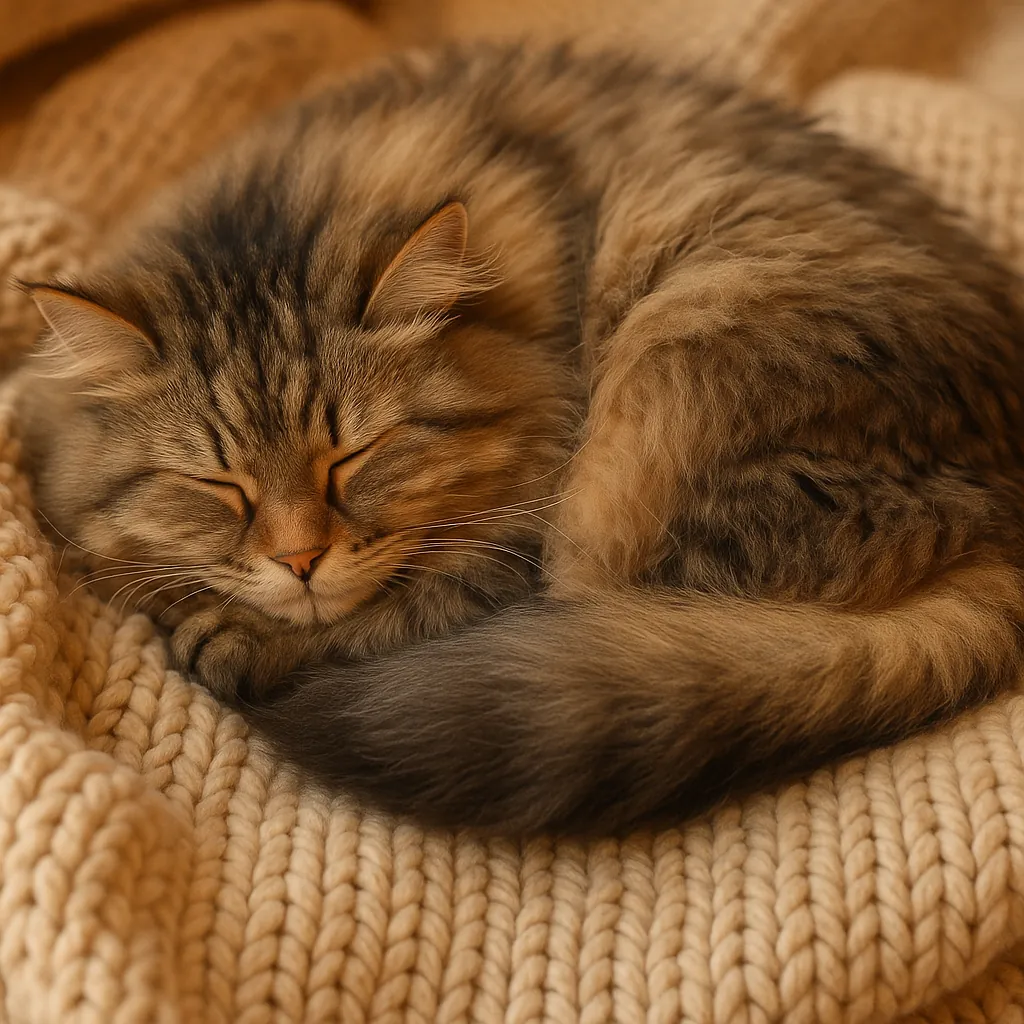 Discover a puzzle with a fluffy tabby cat curled up and sleeping on a chunky cream knit blanket.