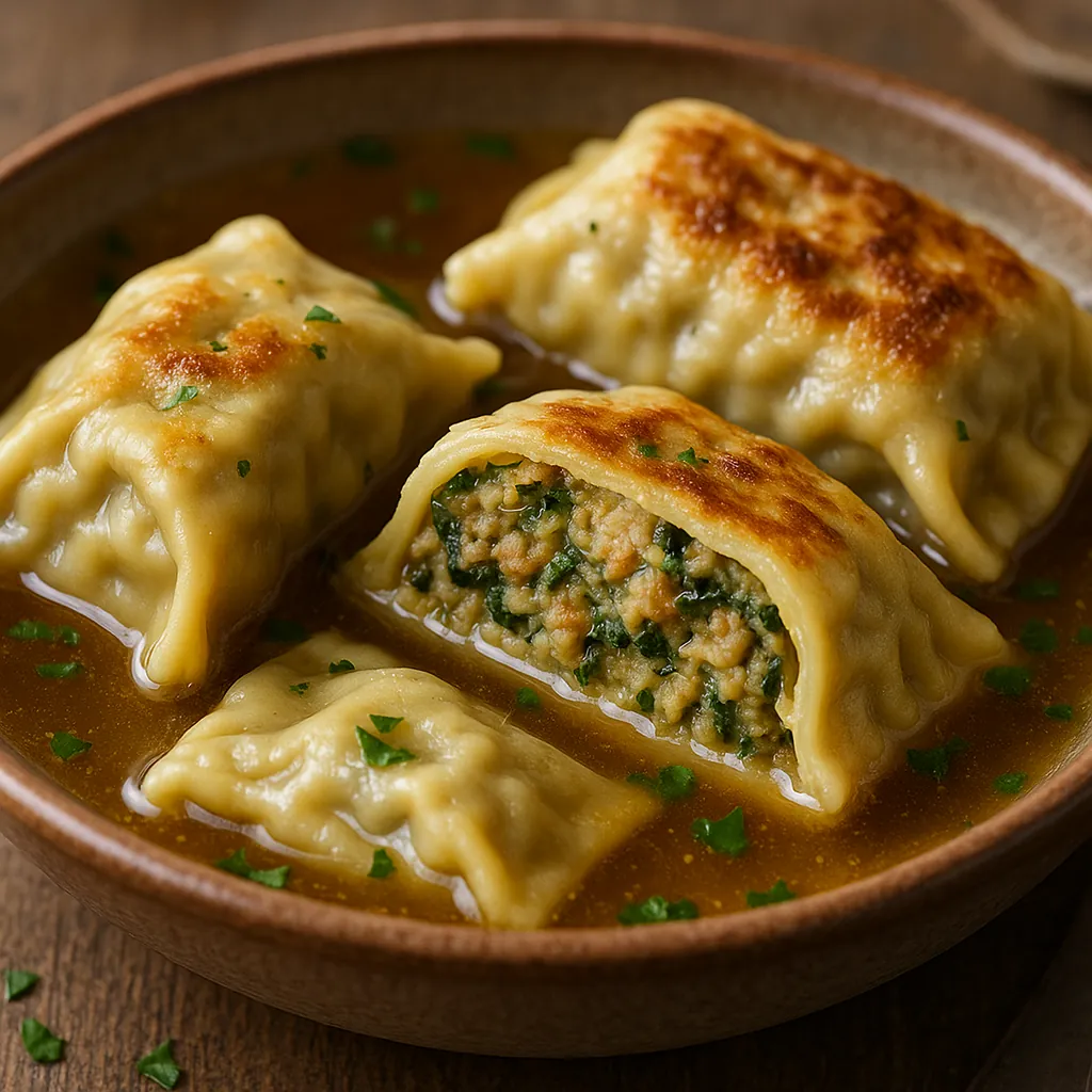 Discover a puzzle with a close-up of golden, pan-seared dumplings nestled in a warm, savory broth — tender, pillowy pasta filled with a spinach-and-cheese mixtu