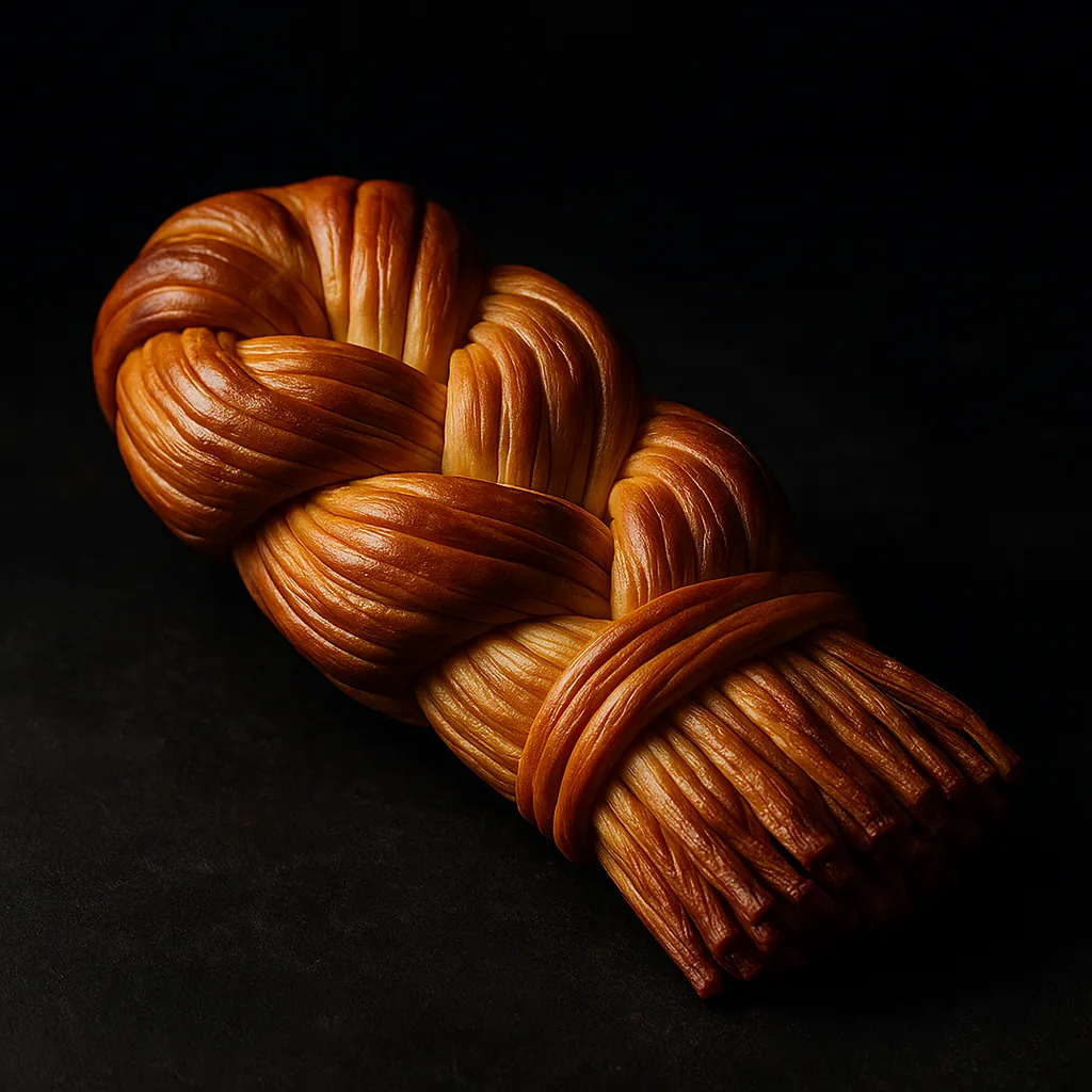 Enjoy assembling a puzzle depicting a beautifully braided, golden-brown loaf with glossy, ribbon-like strands set against a deep, dark background.
