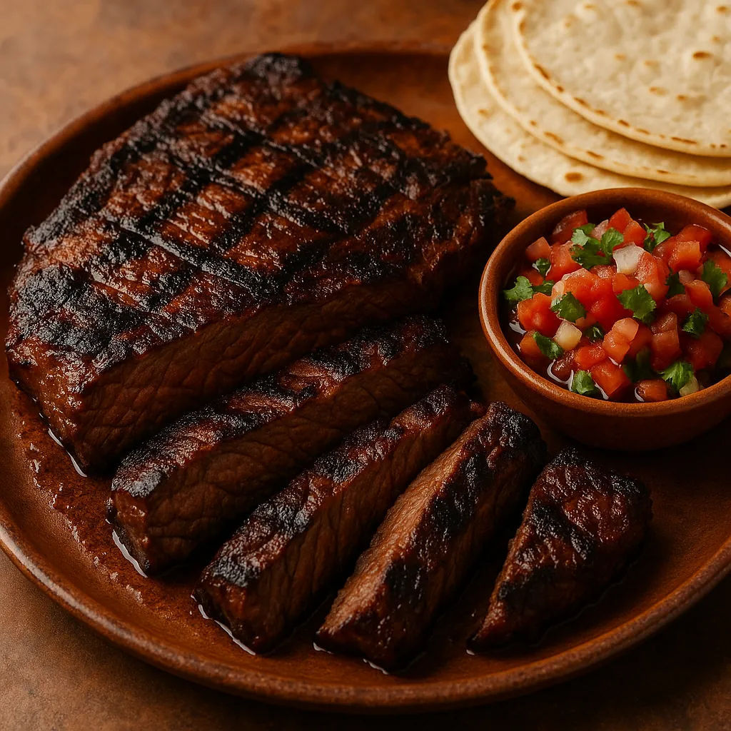 Enjoy assembling a puzzle depicting a sizzling grilled steak sliced on a rustic brown plate, complete with deep char marks, juicy mahogany tones, a small bowl o