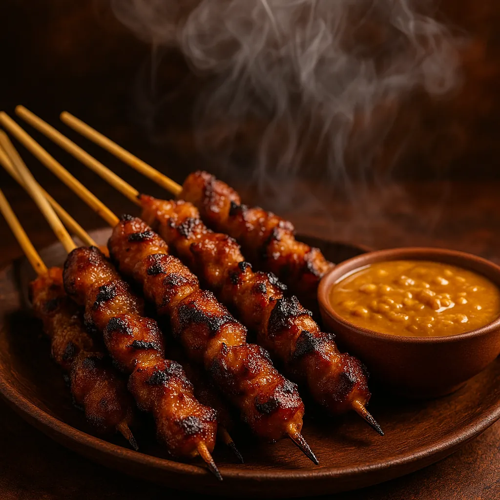 Enjoy assembling a puzzle depicting sizzling grilled meat skewers on wooden sticks beside a bowl of rich peanut sauce.