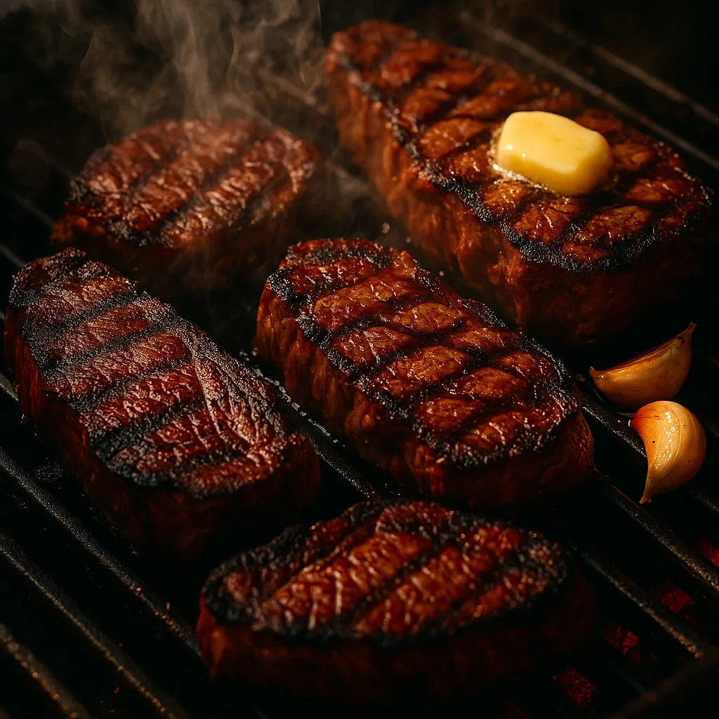 Enjoy assembling a puzzle depicting sizzling grilled steaks on a hot charcoal grill, with rich mahogany sear marks, glistening juices, a pat of melted butter, a
