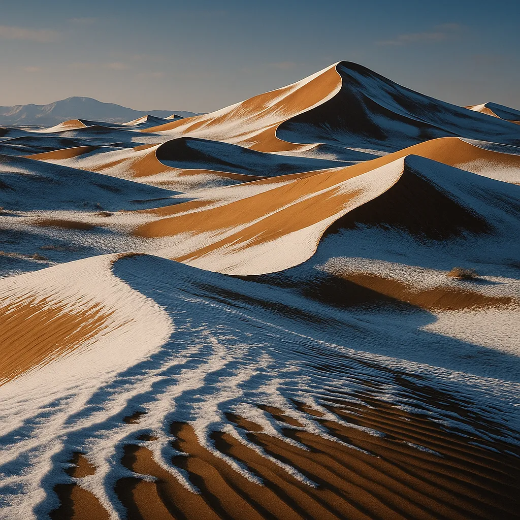 Discover a puzzle with sweeping desert dunes delicately dusted in snow, where warm golden sands meet cool blue shadows under soft, late-afternoon light.