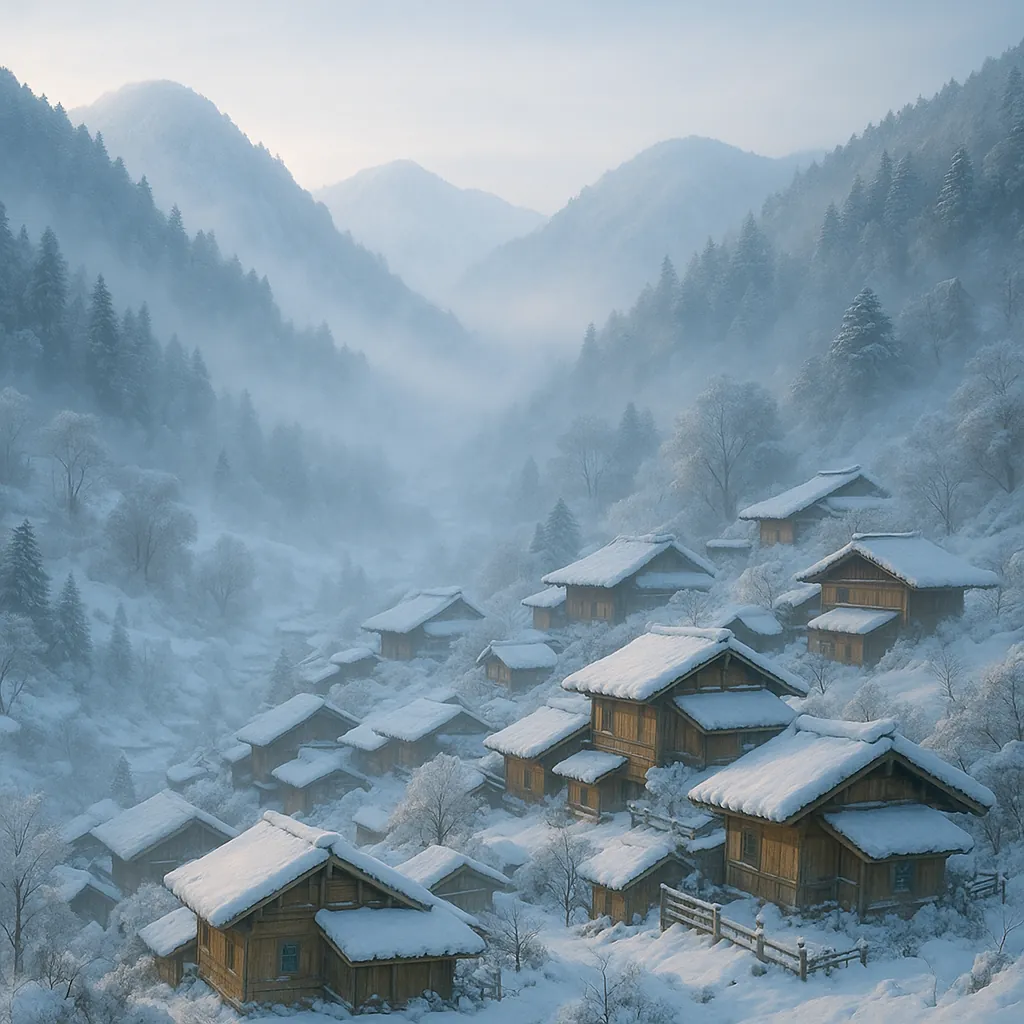 Discover a puzzle with a serene snow‑clad mountain village on PuzzleFree.Game, where wooden cabins nestle on a misty hillside beneath soft blue‑gray peaks.