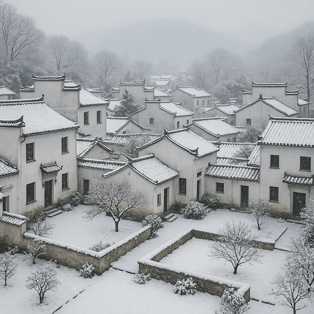 Discover a puzzle with a snow-dusted traditional village scene on PuzzleFree.Game, where white-tiled roofs and whitewashed walls form a calm, monochrome tapestr