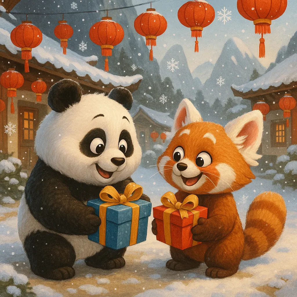 Enjoy assembling a puzzle depicting two adorable friends — a fluffy panda and a cheerful red panda — exchanging brightly wrapped gifts beneath glowing red lante