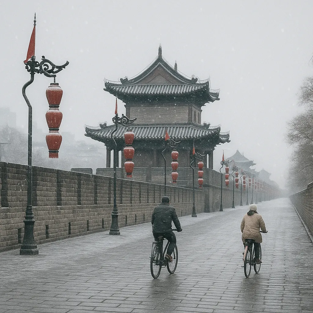 Discover a puzzle with a snowy, historic city wall lined with traditional pagoda-style towers and a row of red lanterns swaying gently in the mist.