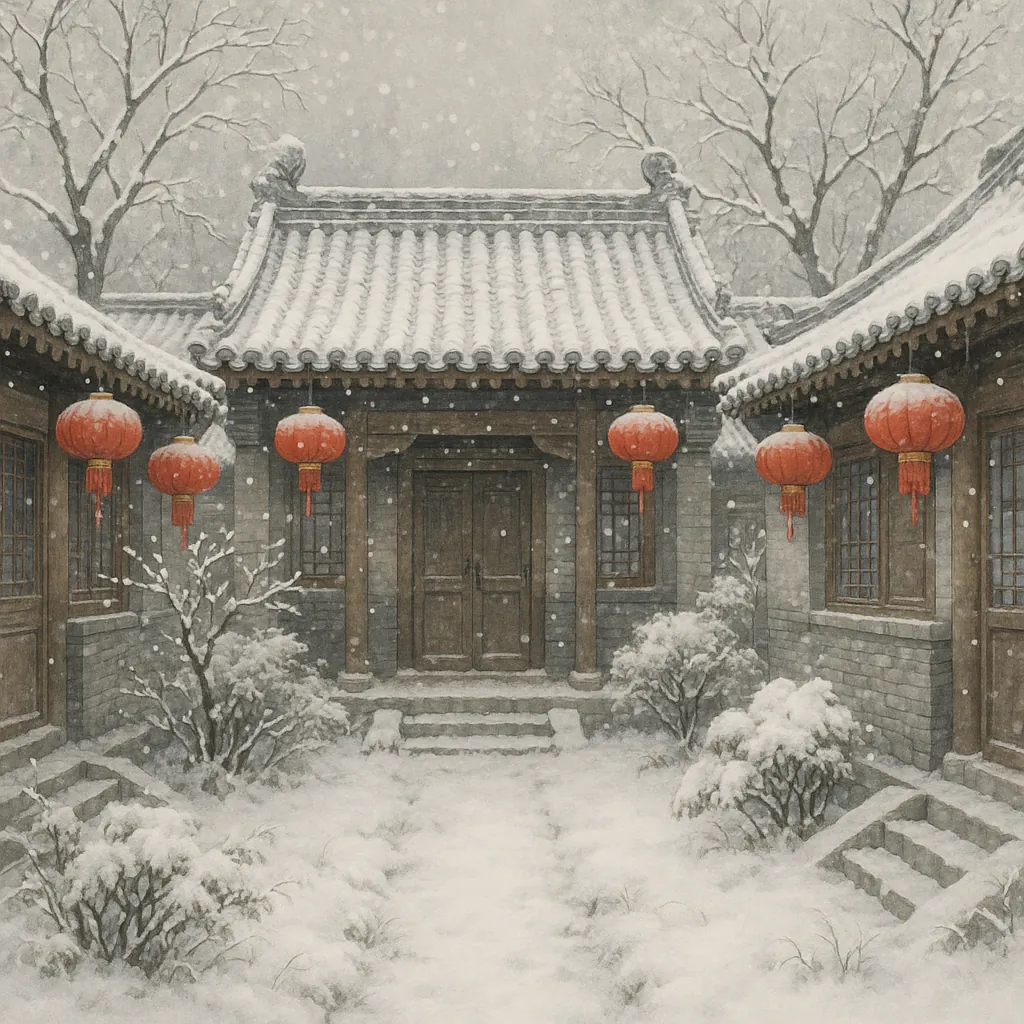 Discover a puzzle with a tranquil snowy courtyard of a traditional Chinese home, where soft gray and muted brown tones are gently contrasted by a string of warm