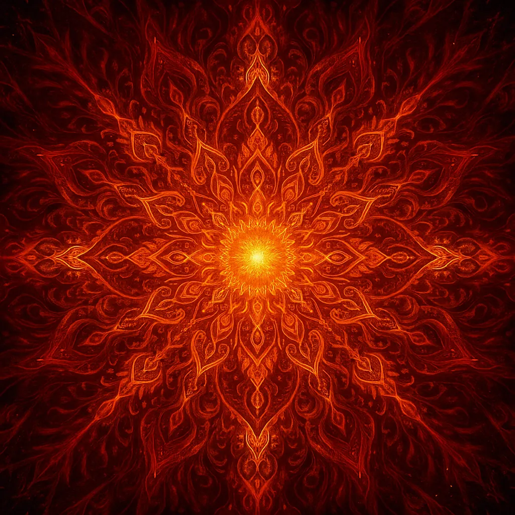 Enjoy an online jigsaw puzzle designed for browser play, featuring a fiery abstract mandala that blends art and nature-inspired patterns.