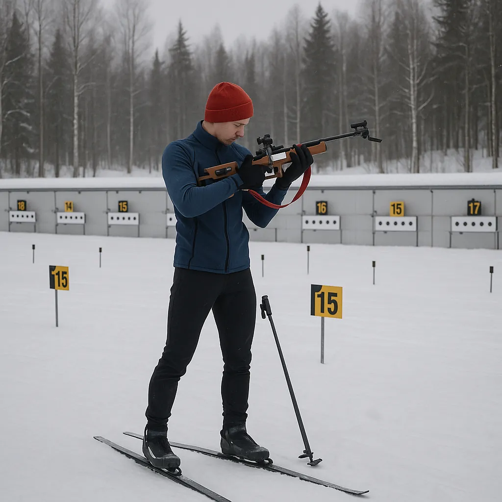 Enjoy an online jigsaw puzzle designed for browser play, featuring a winter sports scene that captures the biathlon discipline.