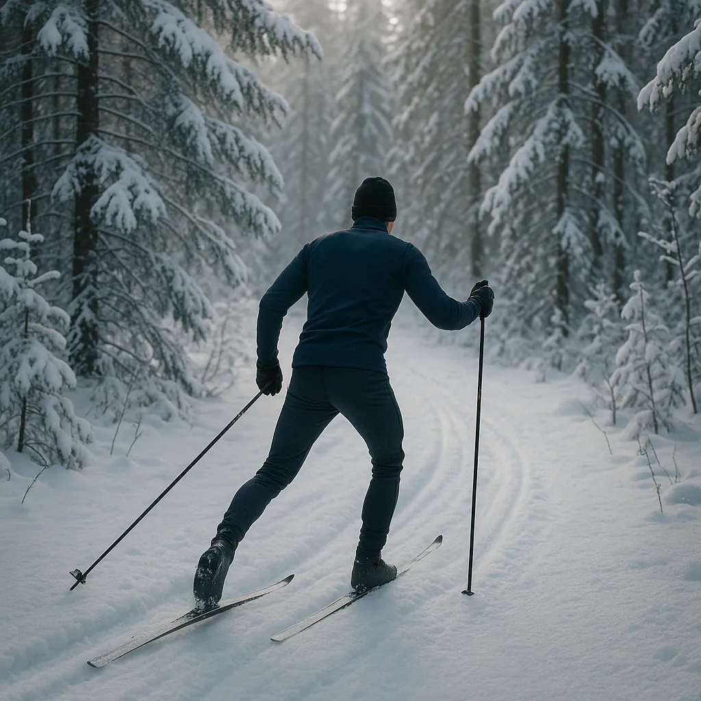 Enjoy an online jigsaw puzzle designed for browser play, featuring a solitary cross-country skier gliding through a snowy forest — a peaceful winter nature scen