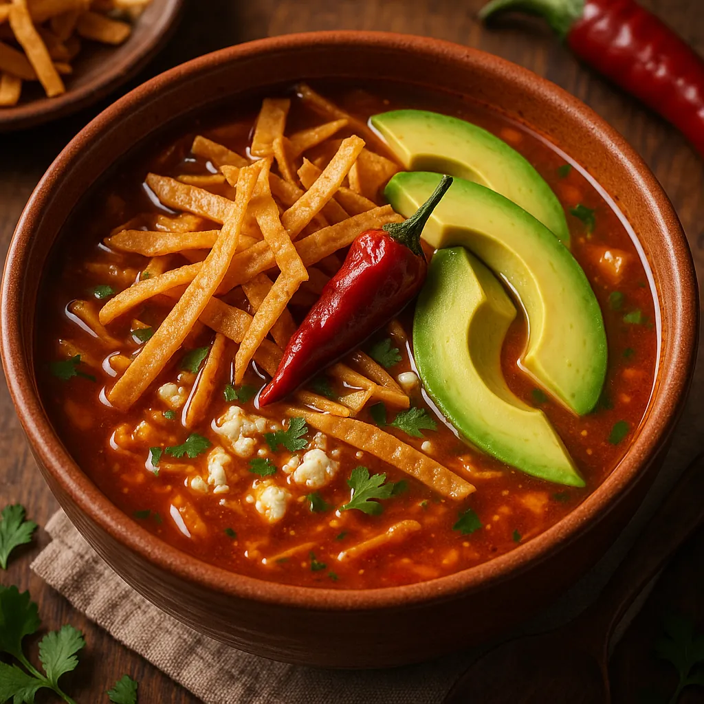 Try solving a puzzle that shows a steaming bowl of tortilla soup topped with crispy tortilla strips, ripe avocado slices, a red chili, and fresh cilantro.