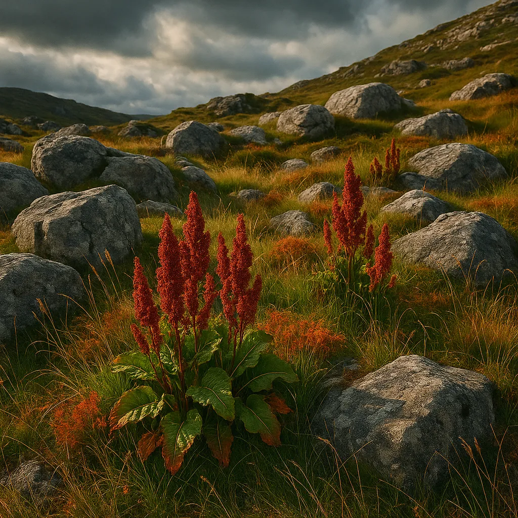 Discover a puzzle with a tranquil rocky hillside dotted with clusters of tall rust-red wildflowers and lush green grass under a brooding, cloud-streaked sky.