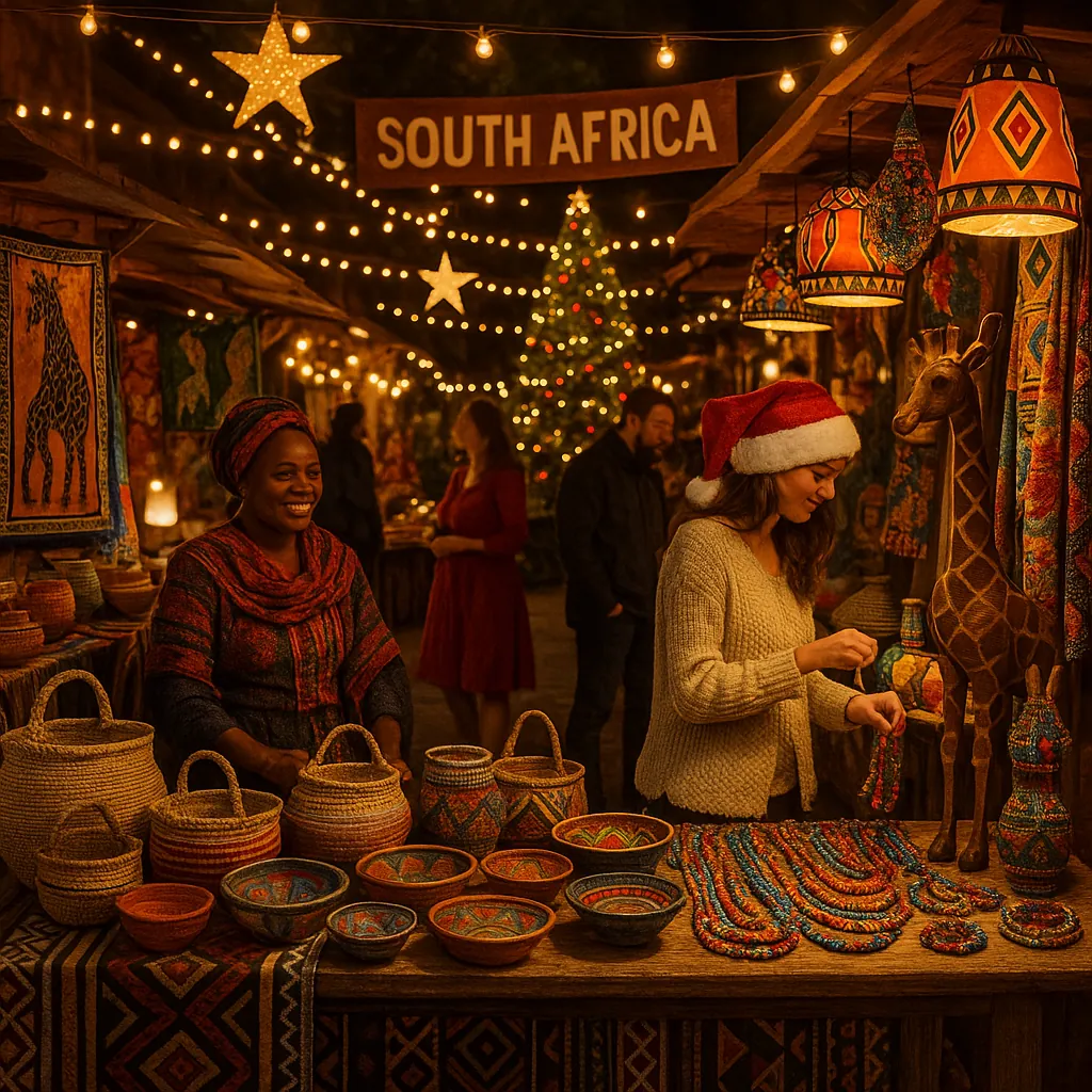 Discover a puzzle with a cozy, festive South Africa market scene bathed in warm golden lights and twinkling string bulbs.
