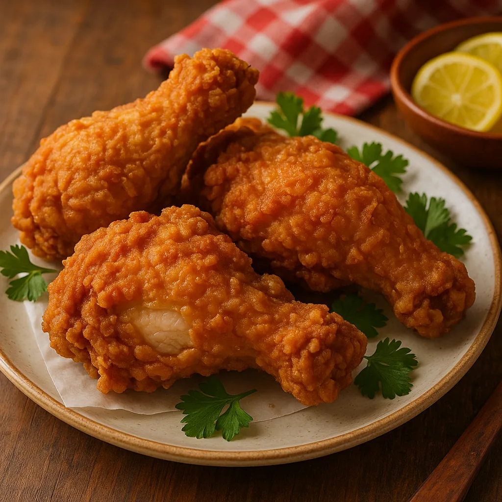 Enjoy assembling a puzzle depicting three golden, crispy fried chicken drumsticks on a rustic plate, accented by bright green parsley and lemon slices against a