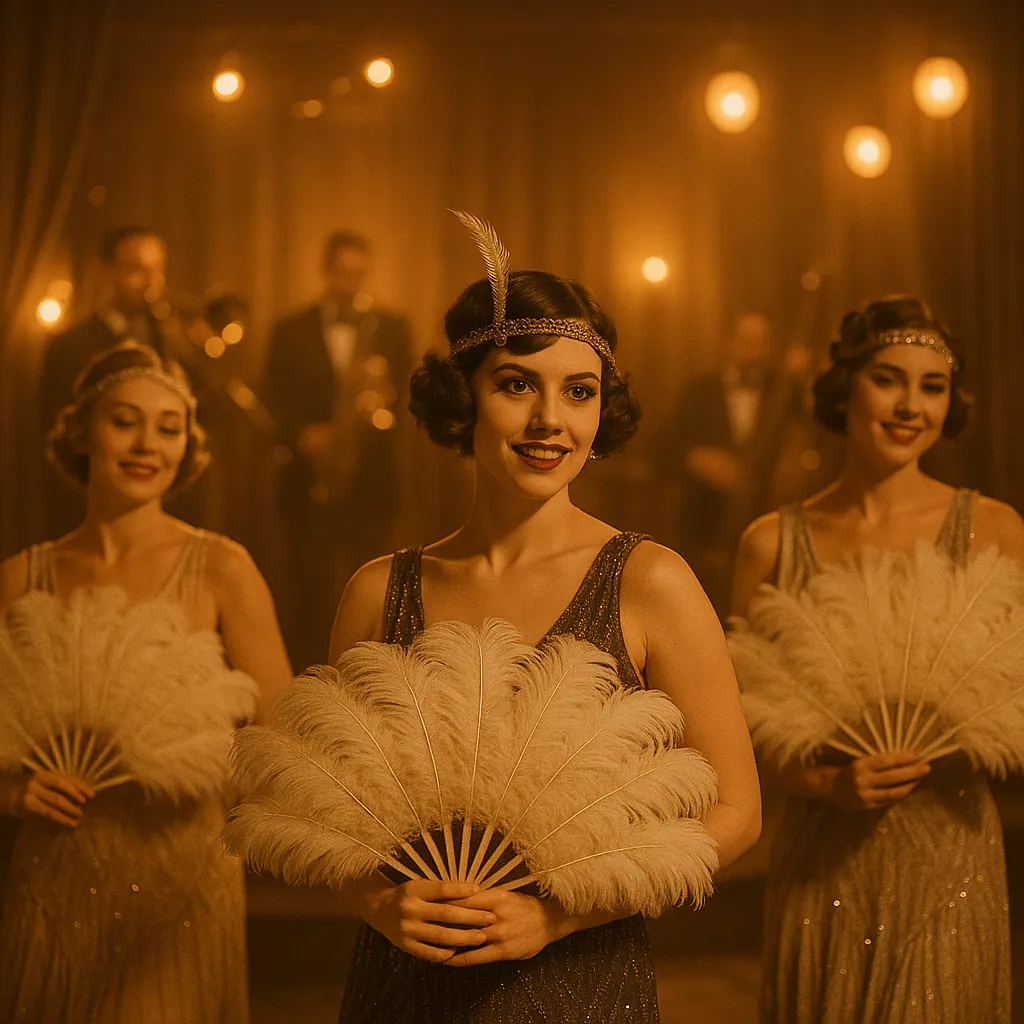 Discover a puzzle with a vintage 1920s scene of flapper dancers holding large white feather fans under warm amber stage lights.