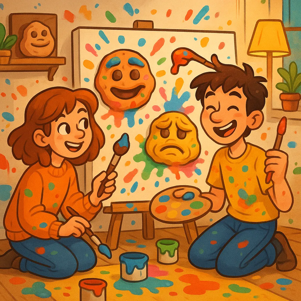 Enjoy assembling a puzzle depicting two cheerful friends painting colorful emoji faces on a splattered canvas in a cozy, sunlit studio.
