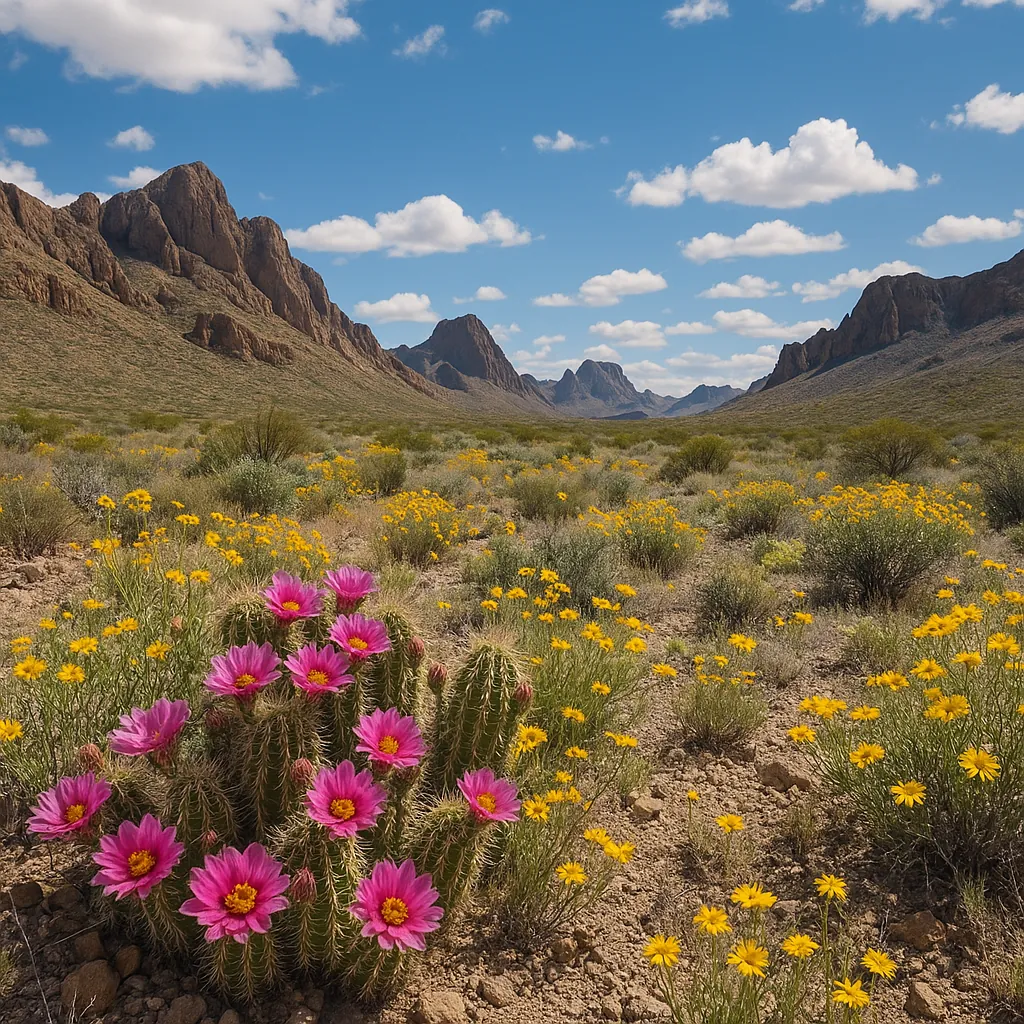 Enjoy an online jigsaw puzzle designed for browser play, featuring a sunlit desert landscape bursting with wildflowers and rugged mountain ridges.