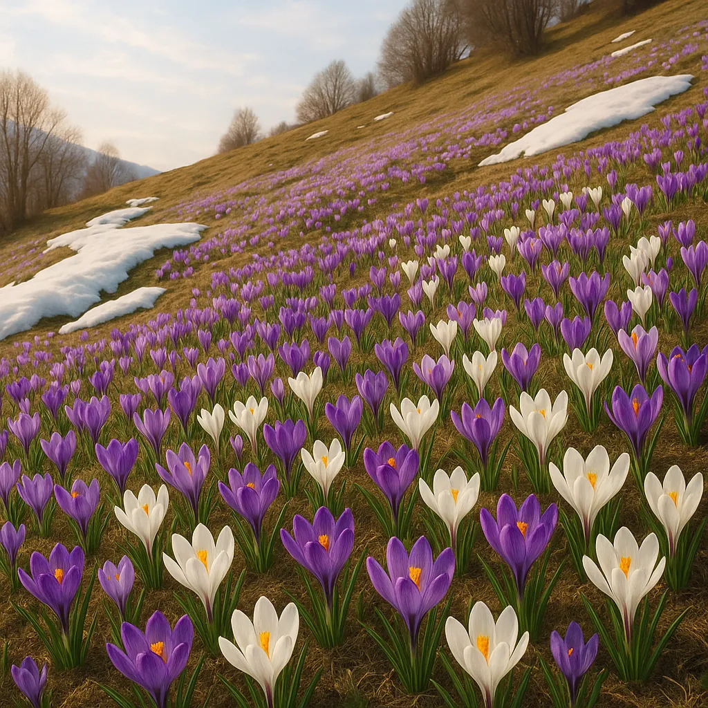 Enjoy assembling a puzzle depicting a sunlit hillside carpeted with blooming crocuses — thousands of purple and white flowers stretching into the distance, fres