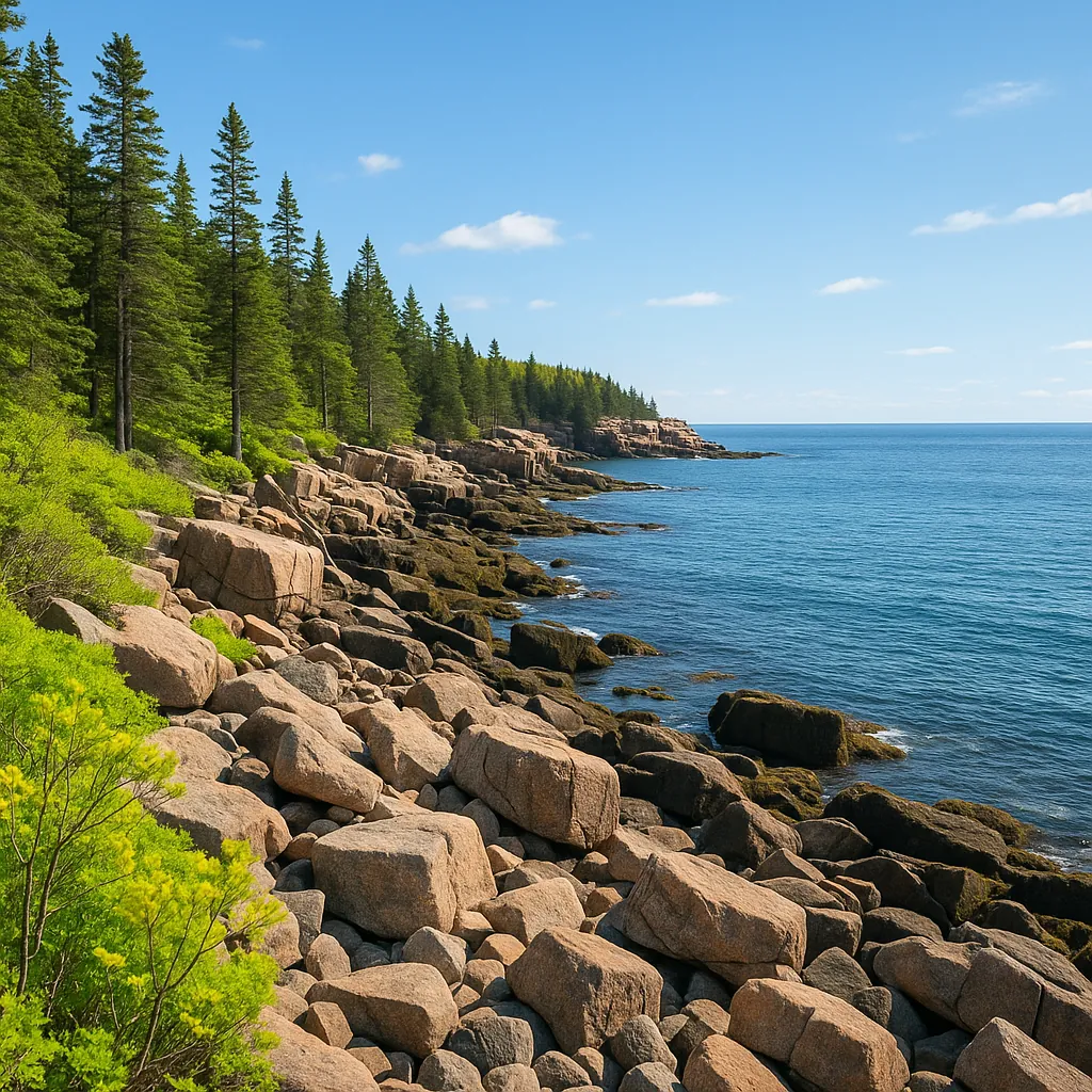 Enjoy an online jigsaw puzzle designed for browser play, featuring a sunlit rocky coastline where evergreen trees meet the sea in a tranquil nature scene.