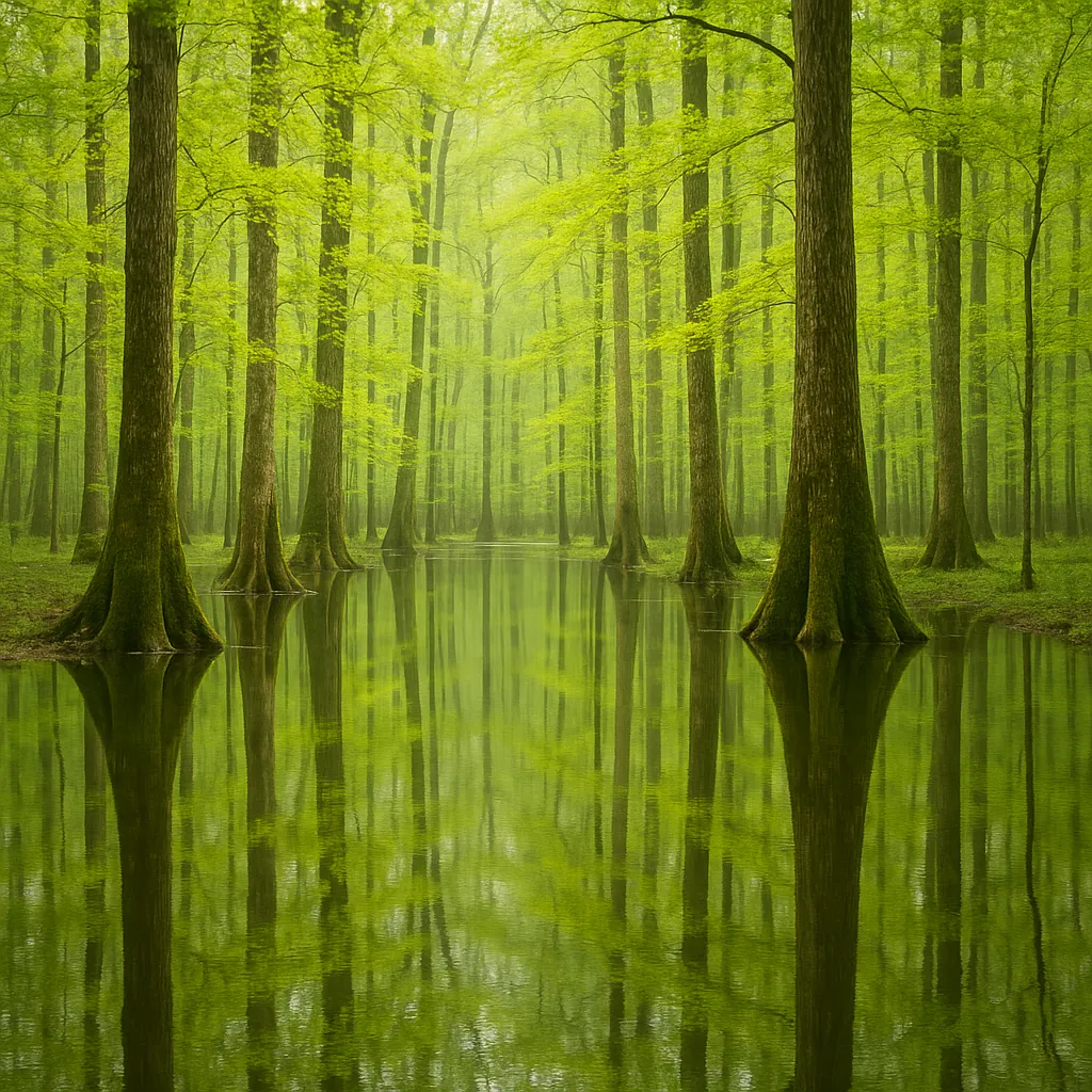 This online jigsaw puzzle features a tranquil nature scene of tall, graceful trees standing in still water, perfect for a relaxing browser play experience.