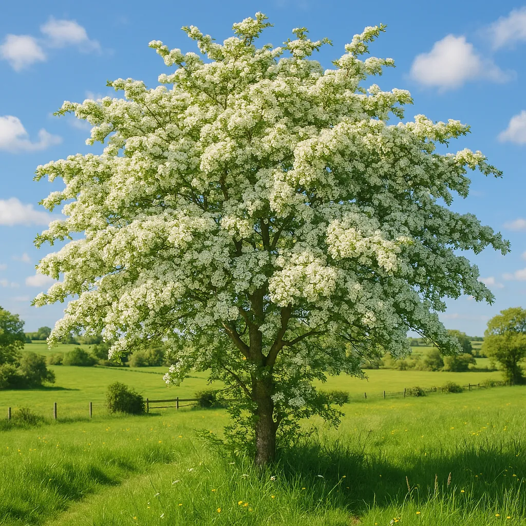 Enjoy assembling a puzzle depicting a lone tree in full white blossom standing in a sunlit green meadow under a clear blue sky.