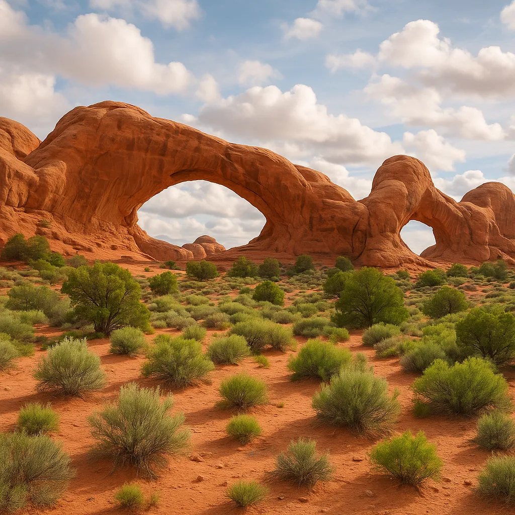 Enjoy an online jigsaw puzzle designed for browser play, featuring a stunning desert landscape with natural sandstone arches and vibrant desert flora.