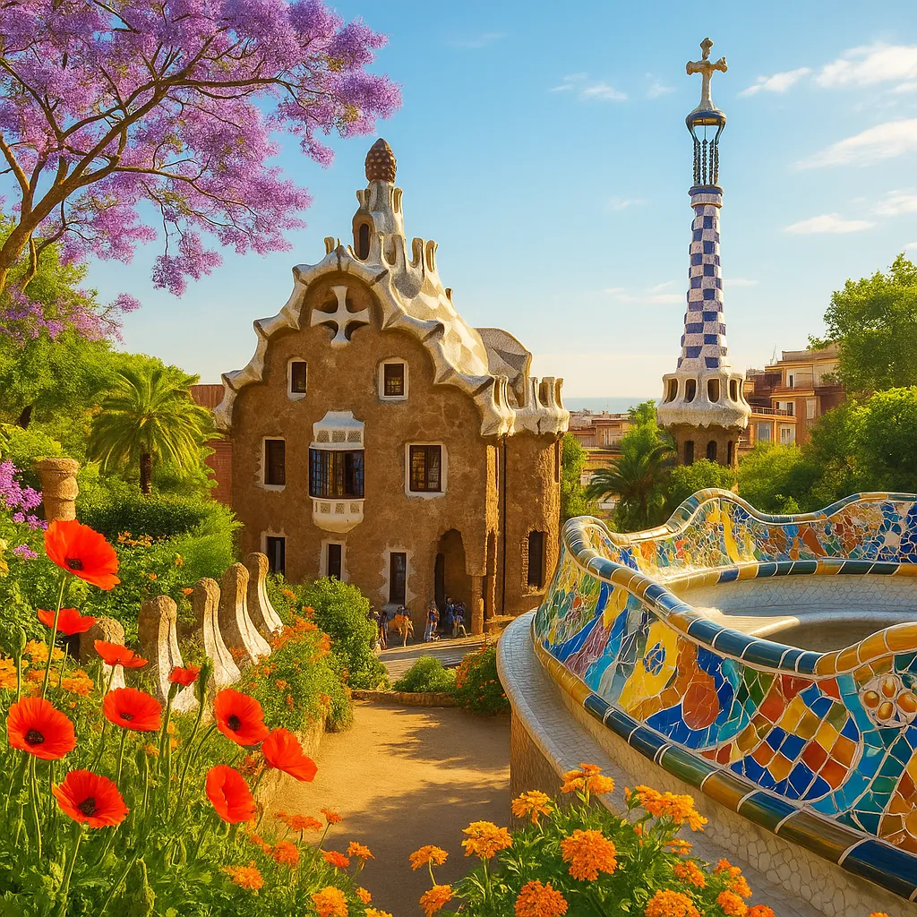 Discover a puzzle with a sunlit Mediterranean garden scene featuring whimsical, fairytale-like architecture, a vibrant mosaic bench, and a tall checkered tower